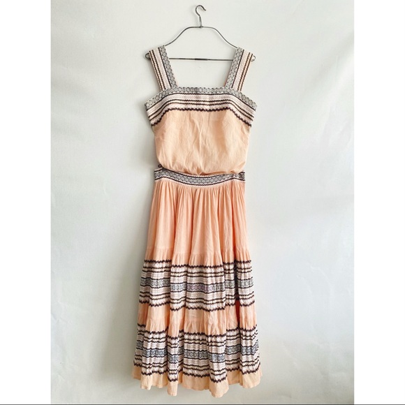 Vintage Dresses & Skirts - Vintage Peach Midi Dress with Black & Cream Trim